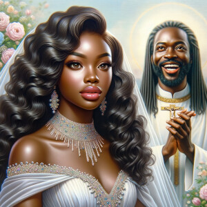 Create a 3-D realistic oil, painting of a beautiful African-American bride. She has long flooring, wavy hair and her gown has beautiful jewels around the neckline. in the background there is a beautiful African-American Jesus Christ with long dreadlocks, and he is smiling. He is very handsome pastel flowers throughout the image.