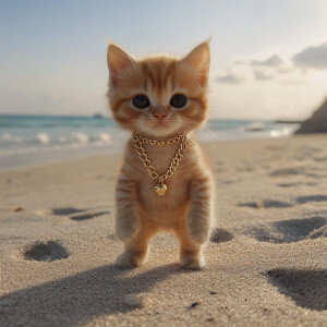 an orange kitten with a cute face with black eyes standing like...