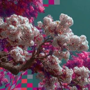 White flowering tree. music notes, glitch, oozing cosmic oily li...