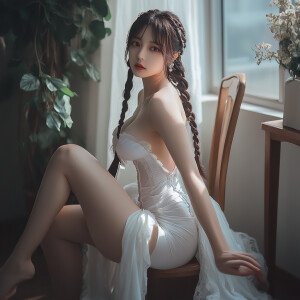 (Fit muscular) (tall) (wedding dress, thigh split) (long black h...