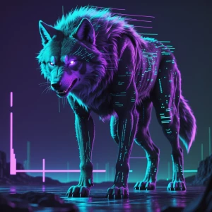 Create a digital painting of a glitchy, tech-savvy werewolf with...