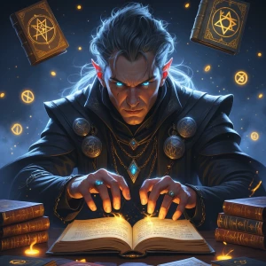 Describe a warlock casting an ancient spell, with intense focus...