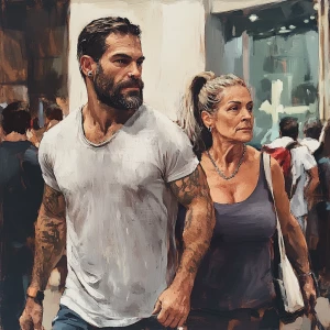 Painting style  digital 1:1.A sweaty  man walking with his 54 ye...