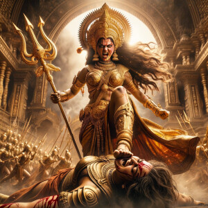 photograph of angry looking, indian goddess trampling a defeated mahishasur with her foot, while he is lying on the ground, she has a trident in her hand. She is wearing gold armor, a huge gold crown, gold saree, abundant  gold jewelry, covered in blood. The scene is set in ancient India. The image is 8K resolution, cinematic, photography, ultra detailed face and epic.