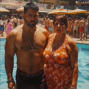 Photorealism,a muscular beefy criminal man walking with his swea...