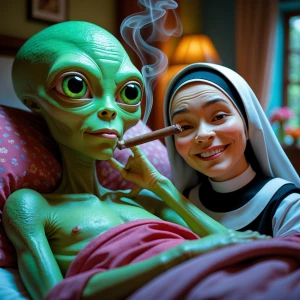 "Create a whimsical image of an alien with vibrant green skin an...