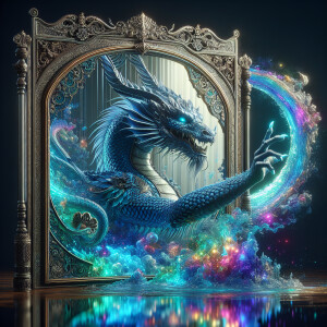 Visualize a hyper-realistic scene featuring an antique mirror ad...