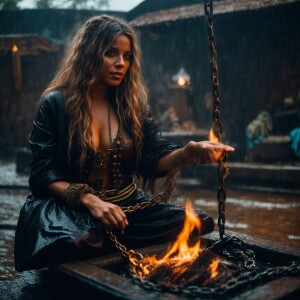 A drenched Wench chained to a block at a pirate hideaway on a ra...