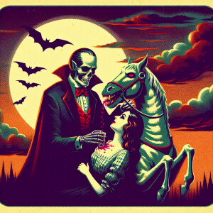 Skeleton man riding dead horse that looks like pulp art in color
