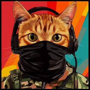 A wide-eyed ginger cat wearing a black tactical balaclava (or ma...
