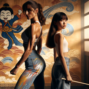 Athletic Thin skinny Attractive, Asian teenage girl, long brown hair and bangs, wearing tight skinny jeans and a halter top paint marks on her clothing, heroic pose Asian graffiti background,  backside view