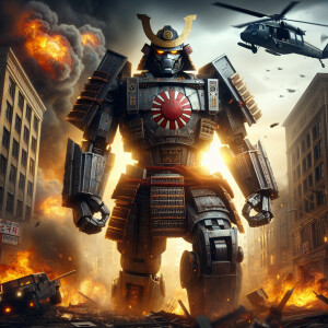 Japan as a transformer character, adorned with samurai costume a...