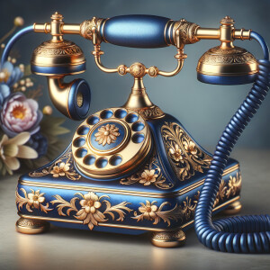 Create an image of an ornate vintage telephone with a sophisticated design, combining royal blue and gold colors. The body and receiver of the phone should be a deep, lustrous blue, with intricate gold embellishments and floral patterns etched into the metal. The circular dial is also detailed with gold accents. The coiled cord should be a matching blue. In the background, soft-focus, elegant flowers add a natural and aesthetic touch, complementing the phone’s luxurious look. There should be no text or watermarks present.