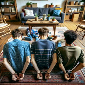 3 caucasian male teens handcuffed, laying flat face down on the...