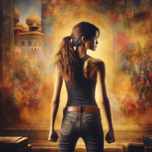 Athletic Thin skinny Attractive, Asian teenage girl, long brown hair and bangs, wearing tight skinny jeans and a halter top paint marks on her clothing, heroic pose Asian graffiti background, backside view