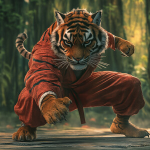 Muscular anthropomorphic tiger a kung fu master attire performin...