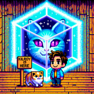 Kilroy was here but with Einsteins head behind a Blue Tesseract...