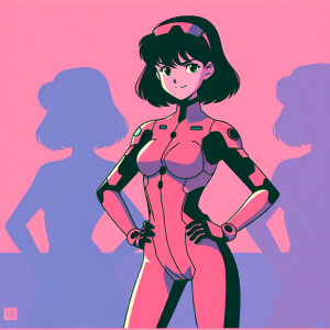 1990s anime screencap, girl a plugsuit, standing with hands on h...
