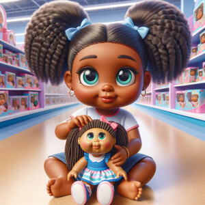 Create a 3-D image of a little girl inside of a very large toy store. The little girl has thick, ponytails and huge blue eyes. She is playing with her favorite doll, the doll is a African-American Cabbage Patch doll. That looks just like her.