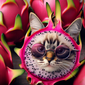 A whimsical combination of a dragon fruit with the face of a cat...