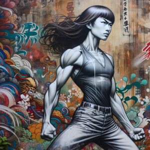 Very thin Athletic Thin skinny Attractive, Asian teenage girl, long brown hair and bangs, wearing tight skinny jeans and a halter top paint marks on her clothing, heroic sideways pose Asian graffiti background