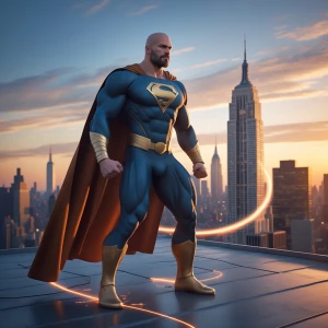 A muscular superhero in a dark blue and gold suit with a golden...