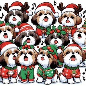 A chorus of animated shih tzu singing Christmas carols, each dec...