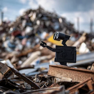 A small black silhouette of a robot arm like a wall-e is stickin...