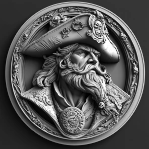 Design a high-contrast grayscale 3d bas relief of captain crunch, The composition should be circular like a coin emblem, designed for CNC routing with balanced lighting to accentuate fine details, sharp edges, and distinct textures. Employ deep shadows and strong highlights to define planes and surfaces clearly.