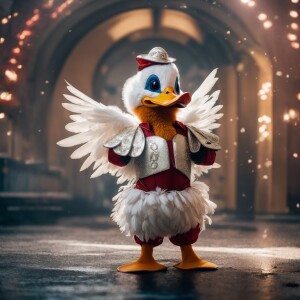 An anthropomorphic duck with white feathers dressed in a fitted...