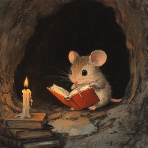 A small mouse, light brown and gray in color, is depicted in a stylized illustration. The mouse is seated in a dark cave-like opening, positioned slightly to the left of center within the frame.  It is holding an open, reddish-orange book, with the mouse's attention directed towards the book.  The mouse's expression is contemplative and focused, with large, dark eyes.  The mouse's body is proportionate and rounded, with visible paws and subtle fur details.  A small, lit candle is visible to the mouse's left, along with stacks of books. The background is dark and shadowed, contrasting with the light from the candle and the mouse's position.  The style is illustrative and painterly, reminiscent of a detailed colored pencil or pastel drawing.  The lighting is soft, highlighting the mouse and the book, creating a warm atmosphere.  The composition is well-balanced, focusing the viewer's attention on the mouse engrossed in reading. The perspective is slightly above the mouse, drawing attention to the scene as if peering into a small cave.  The overall style is quiet and engaging.