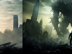 The monstrous silhouette of the monster from Cloverfield, standi...