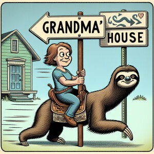 A woman with brown hair rides a sloth that has a saddle on . In...
