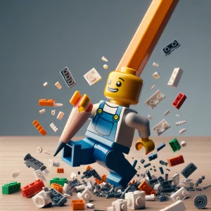 En una mesa está caminando un juguete de Lego pero en medio la m...