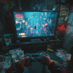 A detailed first-person perspective of someone playing a futuris...