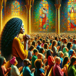 An oil painting depicting an African-American woman with long, wavy black hair, deeply immersed in prayer within a vibrant church setting. She is surrounded by a congregation of African-American individuals, all collectively engaged in worship and praise. The church is adorned with vividly colored stained glass windows, casting a mosaic of light that adds to the spiritual ambiance of the scene.