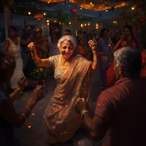 A 54-year-old Kashmiri woman joyously dancing with her friends a...