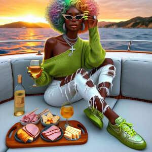 Grisaille style: Sitting on a yacht drinking wine, cheese ham an...