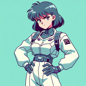 1990s anime screencap, girl a plugsuit, standing with hands on h...