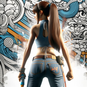 Attractive, Asian teenage girl, long brown hair and bangs, wearing tight skinny jeans and a halter top paint marks on her clothing, backside view heroic pose Asian graffiti