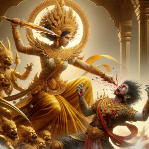 portrait of angry looking goddess durga sitting on a gold crown...