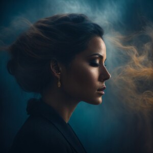 Create an image featuring a woman in profile with her eyes gentl...