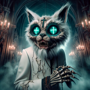 stylized, macabre demonic anthropomorphic cat with human-like fe...