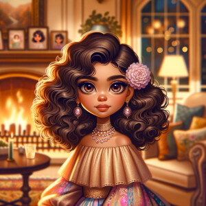 Create an image of a stylized, Latino doll-like girl seated in a cozy living room with a warm fireplace. She has voluminous, wavy hair cascading over her shoulders, tinted with shades of chestnut and mocha. Her large, expressive eyes are a deep brown, fringed with long, fluttery lashes. A delicate pink flower tucks behind one ear, complementing her youthful glow. She wears a gold, pink, and blue body on dress with soft, flowing fabric that drapes elegantly over her small frame. Around her neck is a dainty necklace adorned with beads and a gentle sprinkle of gemstones reflecting subtle light. In her hand, she holds a pearly seashell as a charming accessory. Behind her, the living room is inviting, with plush furnishings, a mantelpiece adorned with family photos and trinkets, and a crackling fireplace that casts a comforting glow and dancing shadows around the room, enhancing the ambiance of a serene home setting