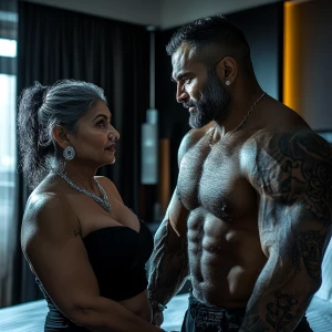 realism .A sweaty muscular man talking with his 54 year old pun...