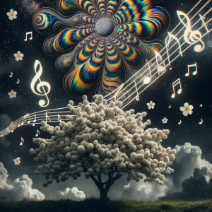 White flowering tree. music notes, glitch, oozing cosmic oily li...