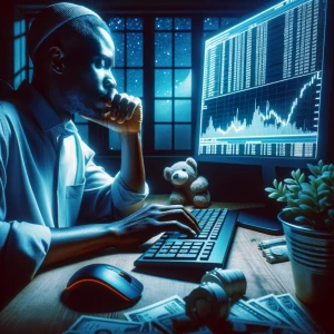 Génère une photo d'un africain devant un ordinateur pendant qu'i...