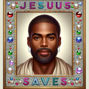"Create a 3D realistic artwork featuring the phrase 'Jesus Saves...