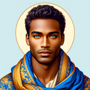 Create handsome African-American, Jesus, with Hazel Brown eyes wearing a blue and gold robe