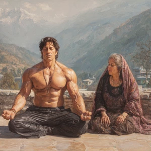 Realism,painting.A man muscular beefy sweaty doinga yoga sitting...